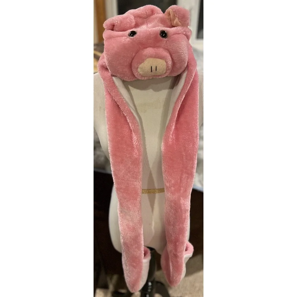 Pig‎ Hat Animal Fluffy with Hood Scarf Long Mittens EUC